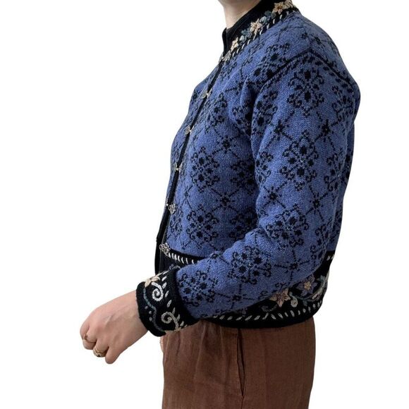 Vintage 1990s Icelandic Design Womens Blue 100% Wool Nordic Hippy Cardigan Sz S - Picture 5 of 6